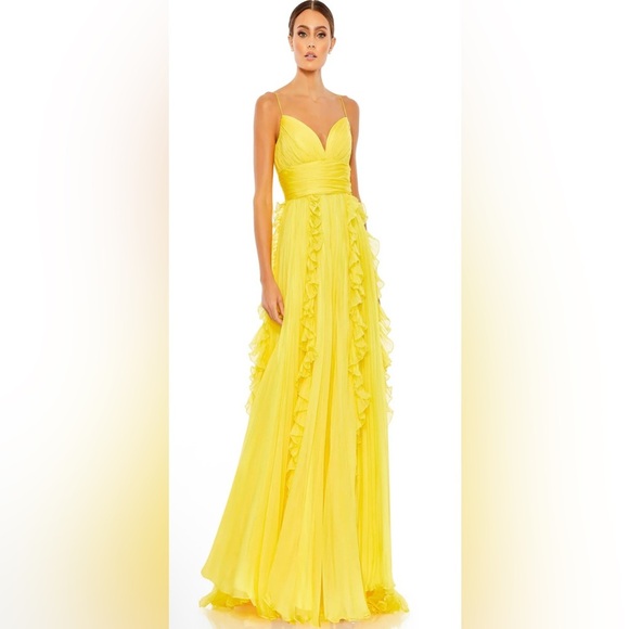 Mac Duggal Style # 70172 A-line Chiffon Gown High/Low in Sunshine - Picture 1 of 14